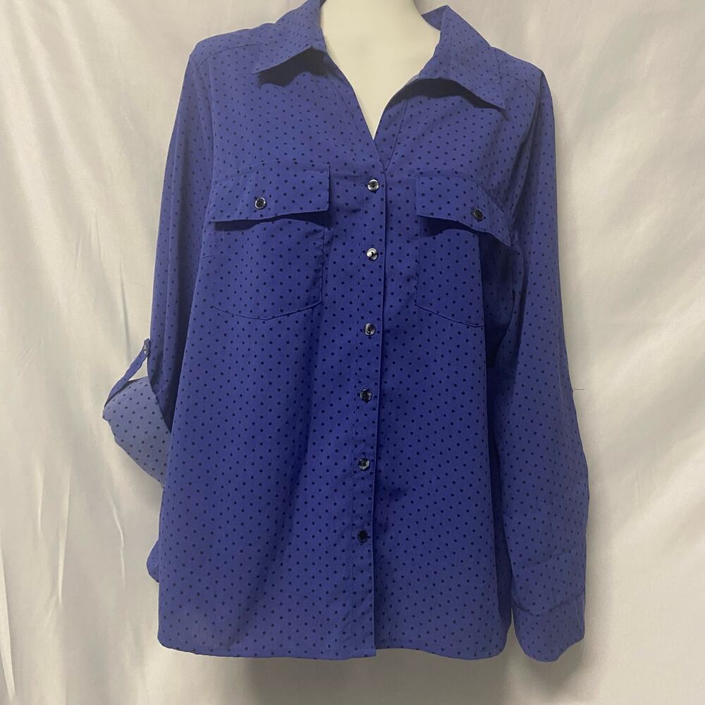 Elementz Top Blouse Button Up PXL Petite Purple Black Roll Tab Sleeves